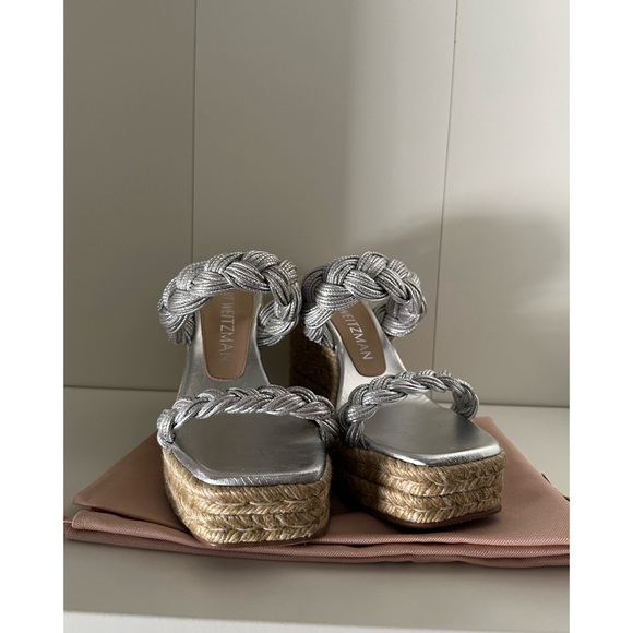 STUART WEITZMAN BRAIDA ESPADRILLE SLIDE SANDALS LIQUID METALLIC SILVER NIB 7.5 - Picture 7 of 11